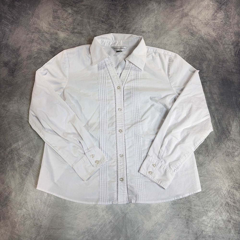 Christopher & Banks Button Down Womens Medium White Pintuck Lace Long Sleeve Top